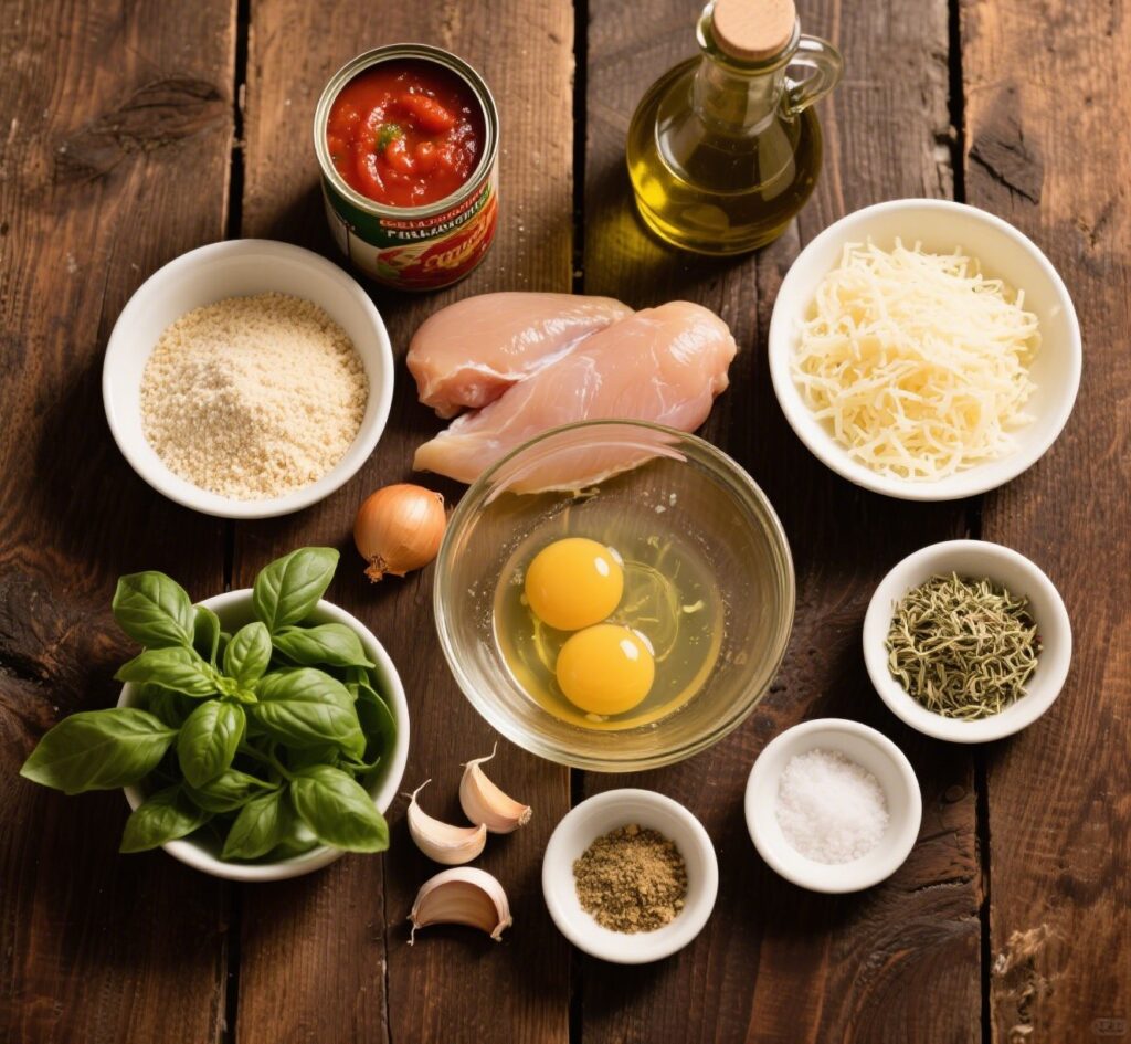 5-Star Chicken Parmesan Recipe: Crispy, Cheesy and Completely Irresistible 5 Overhead view of fresh ingredients for Chicken Parmesan