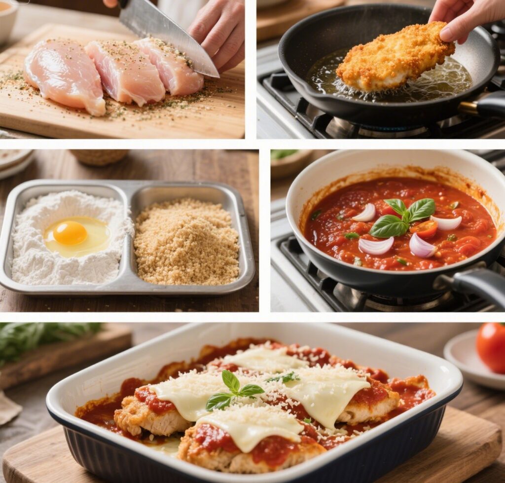 5-Star Chicken Parmesan Recipe: Crispy, Cheesy and Completely Irresistible 6 Five-part image showing each step of making Chicken Parmesan