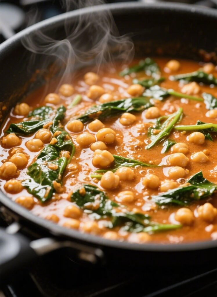 The Ultimate Chickpea and Spinach Curry – Ready in Under 35 Minutes 7 chickpea and spinach curry cooking in a skillet