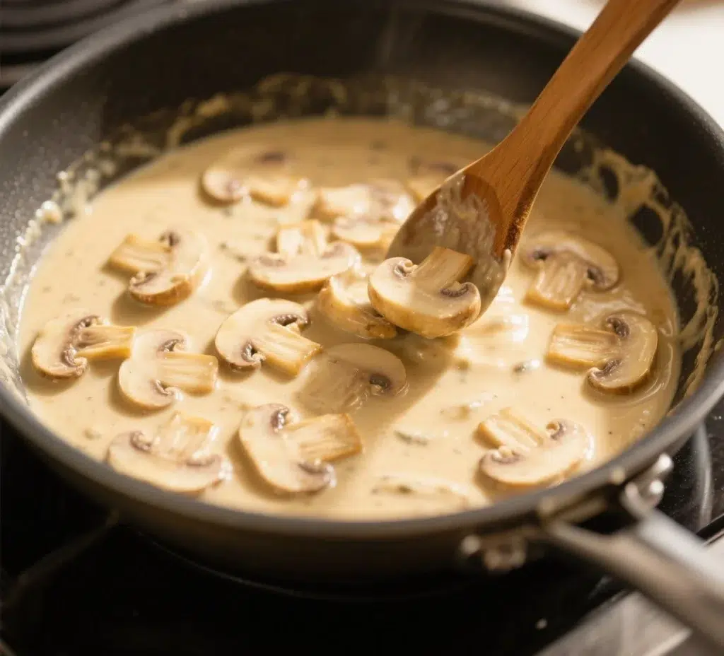 Creamy Mushroom Pasta: The Best Comfort Food You’ll Ever Make 6 creamy mushroom sauce cooking in skillet