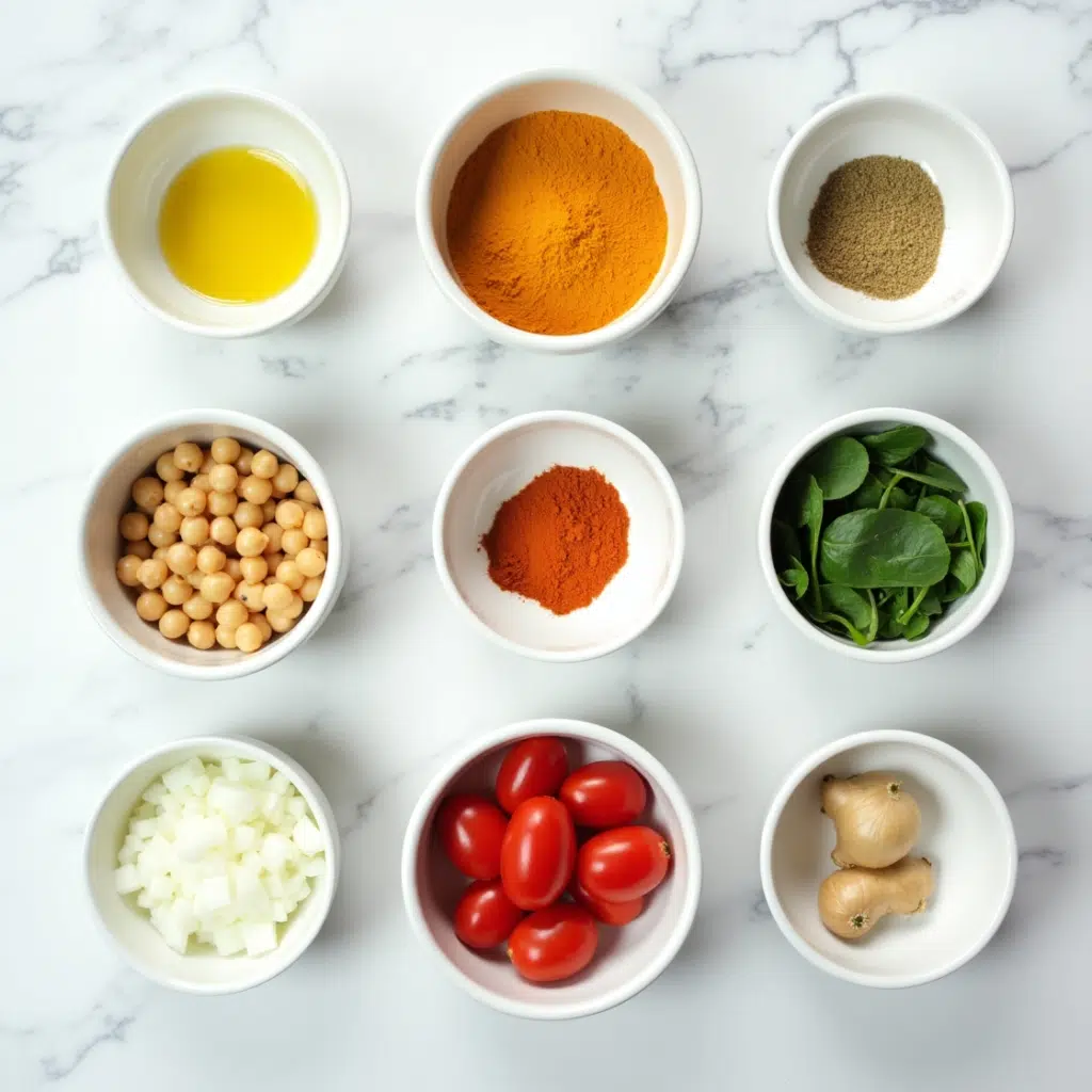 The Ultimate Chickpea and Spinach Curry – Ready in Under 35 Minutes 6 ingredients for chickpea and spinach curry arranged on marble