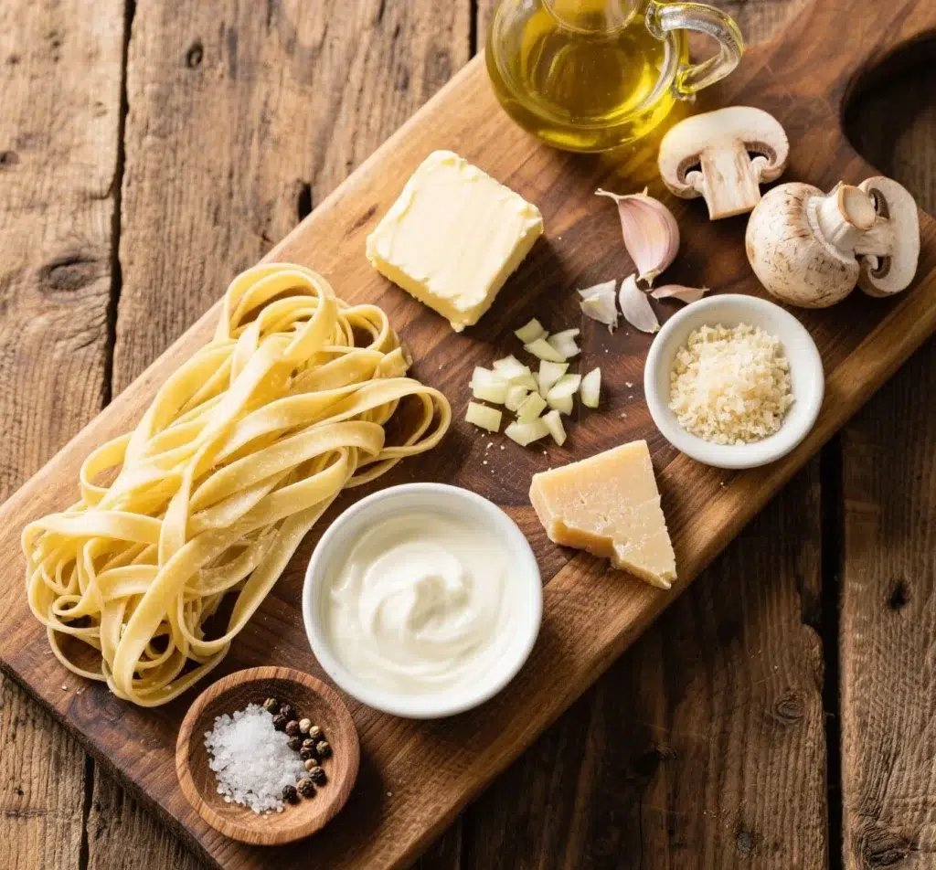 Creamy Mushroom Pasta: The Best Comfort Food You’ll Ever Make 5 ingredients for creamy mushroom pasta laid out on white marble