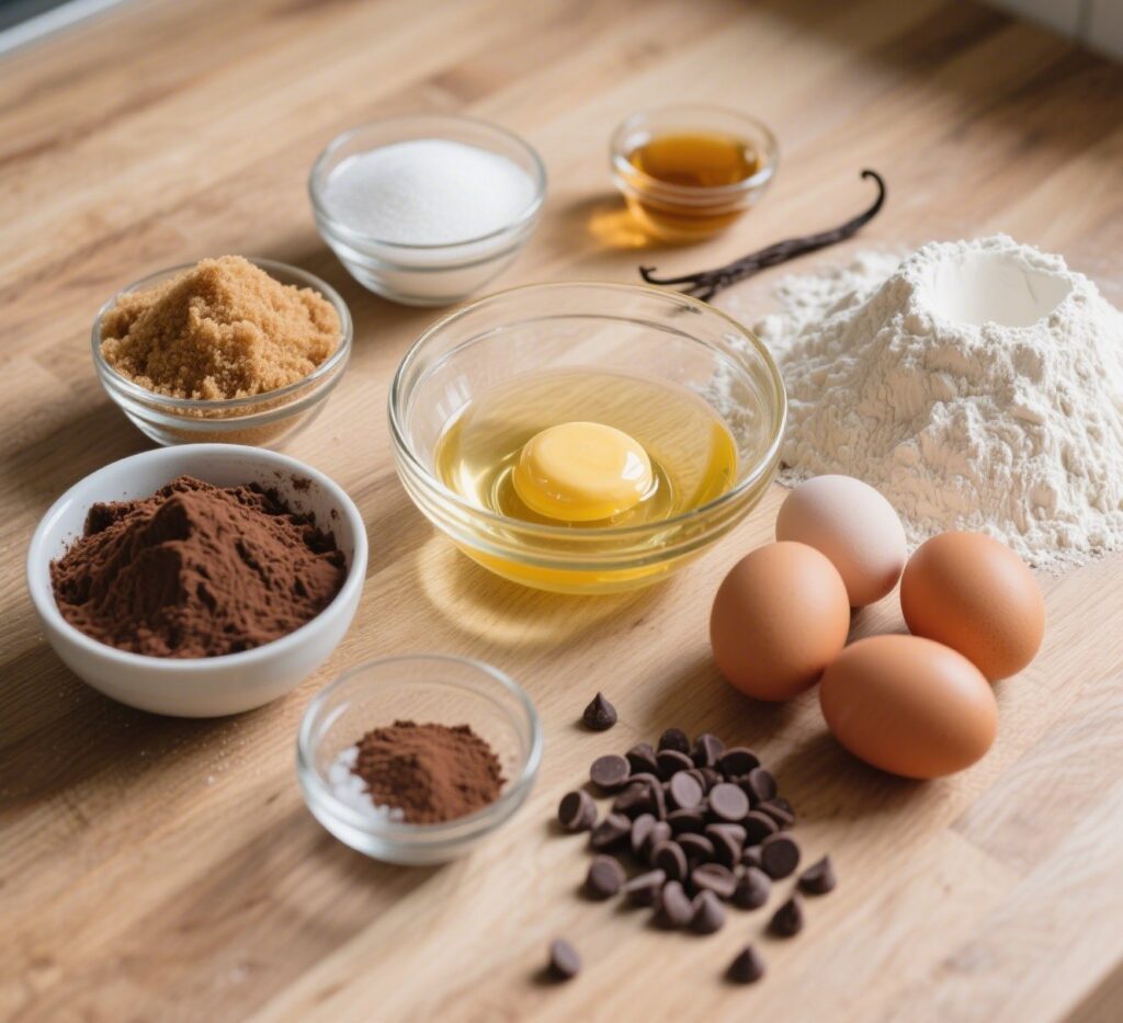Better than Box Mix Brownie: A Chocolate Lover's Dream 7 Brownie ingredients laid out before baking, including brown sugar and cocoa