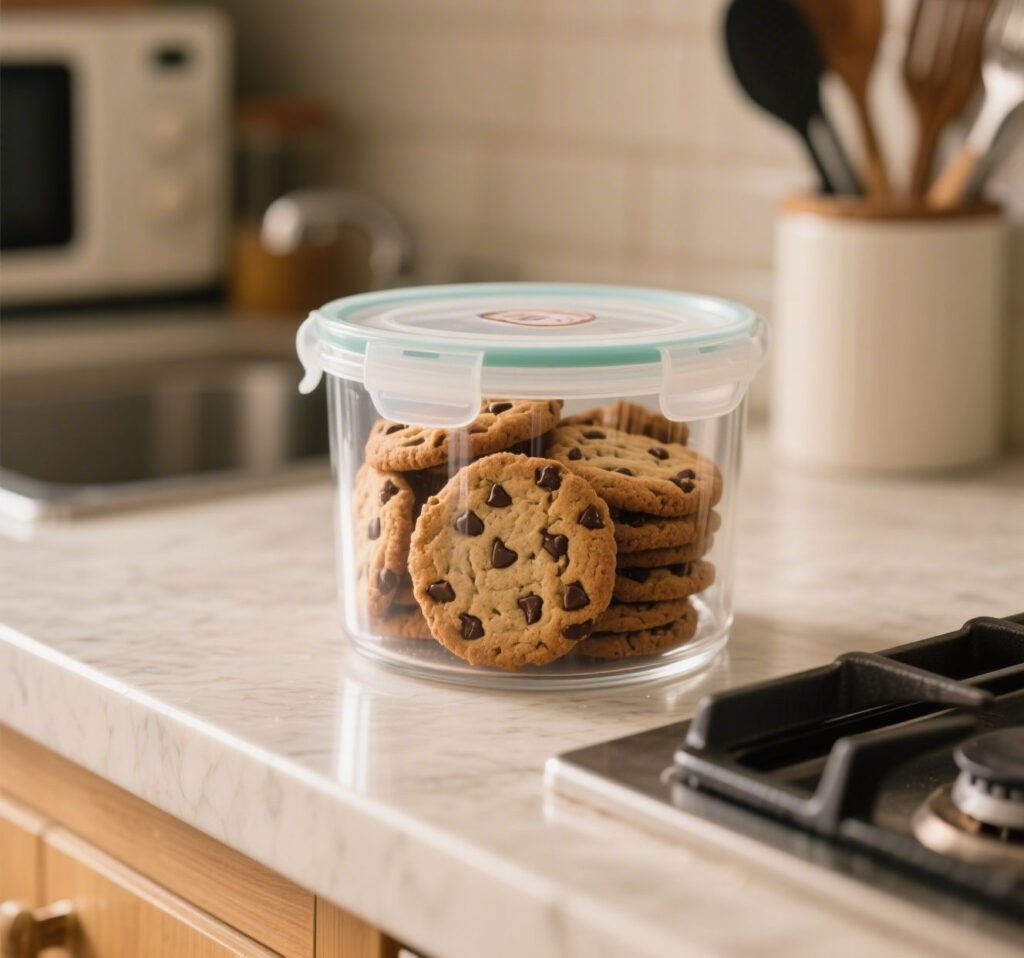 The Best Chocolate Chip Cookies – Crispy Edges, Gooey Centers 8 Chocolate chip cookies stored in an airtight container