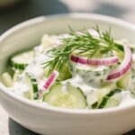 Cucumber Salad: The Ultimate Creamy Summer Side You Need to Try 7 creamy cucumber salad in white bowl with dill and onion