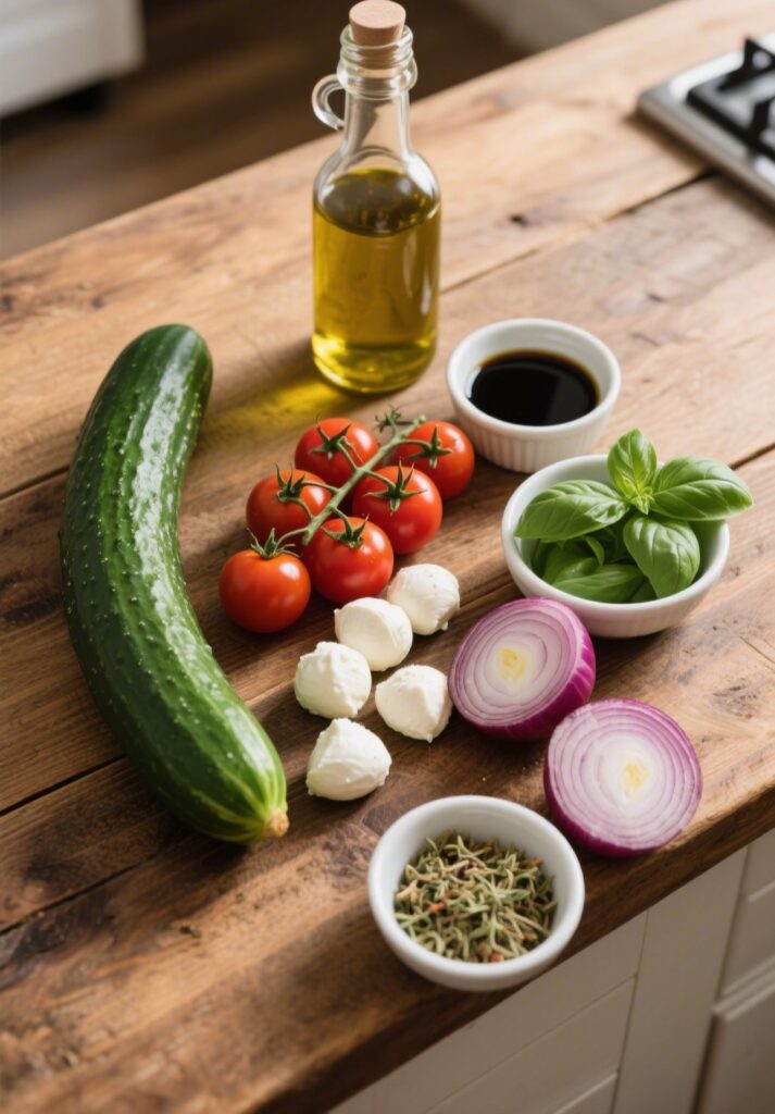 Cucumber Caprese Salad – The Best Summer Salad Twist for 2025 7 Fresh ingredients for Cucumber Caprese Salad
