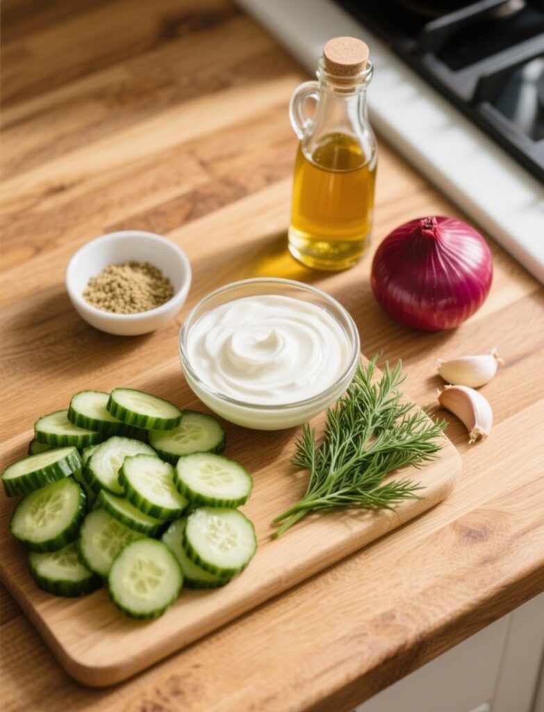 Cucumber Salad: The Ultimate Creamy Summer Side You Need to Try 5 cucumber salad ingredients on wooden surface.