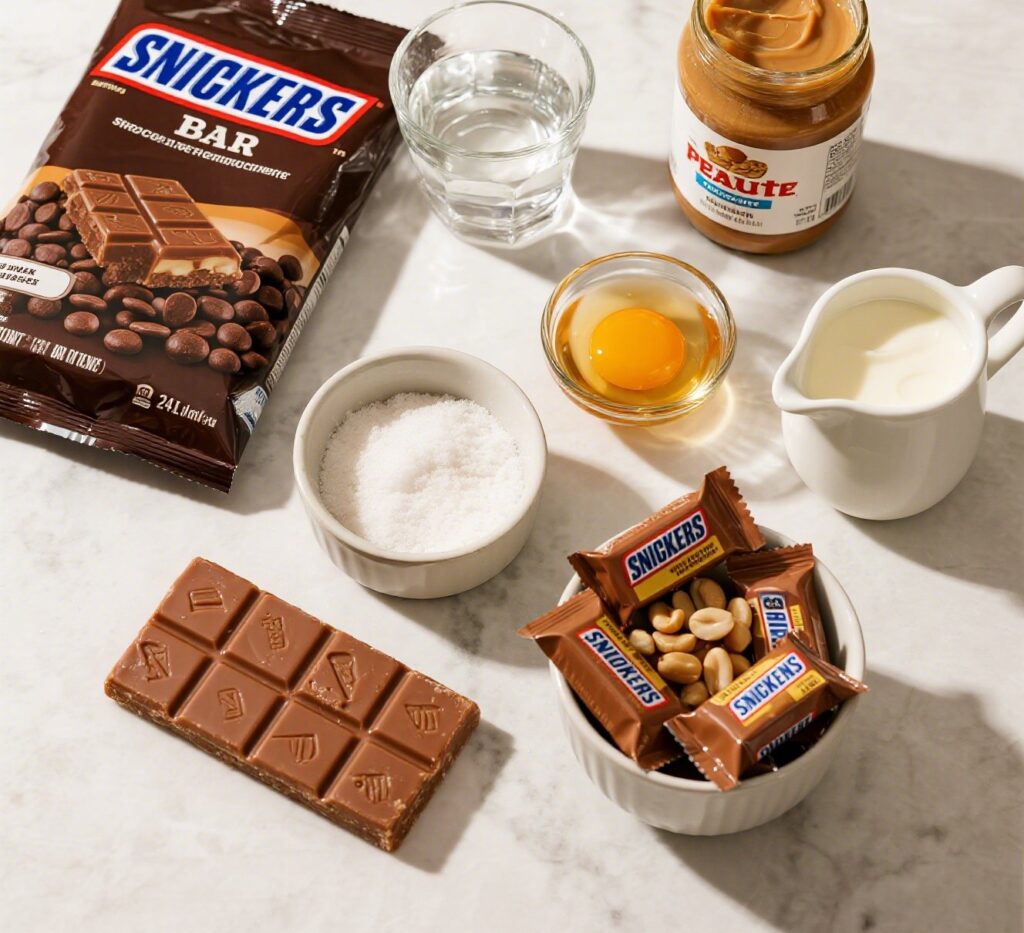 Homemade Snickers Bars: A Delicious Sweet Treat 6 Flat lay of ingredients for homemade Snickers Bars on marble countertop