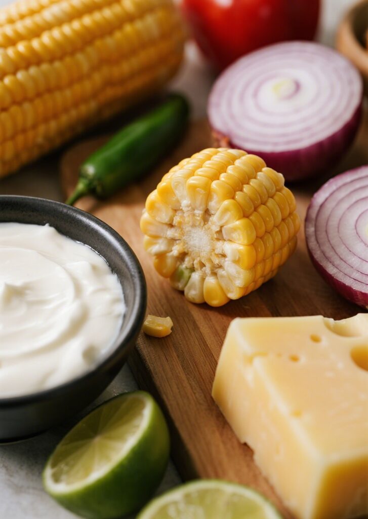 Mexican Corn Salad – The Best Creamy and Tangy Recipe for Summer (2025) 5 Fresh ingredients for Mexican Corn Salad laid out for prep