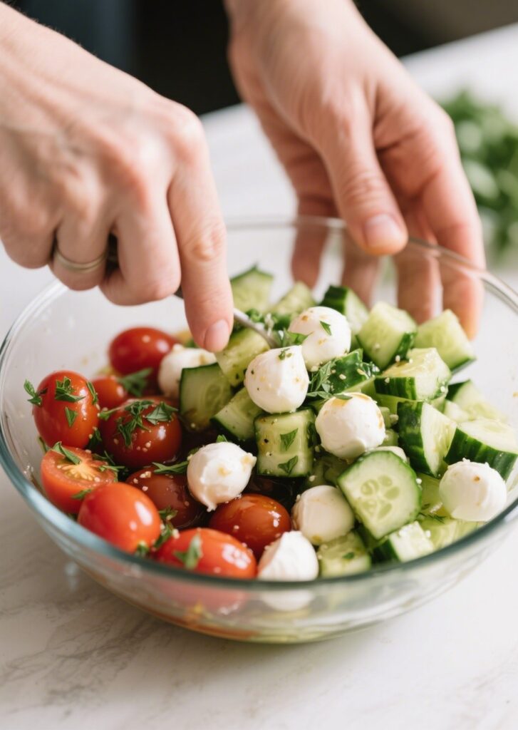 Cucumber Caprese Salad – The Best Summer Salad Twist for 2025 8 Mixing cucumber Caprese salad ingredients