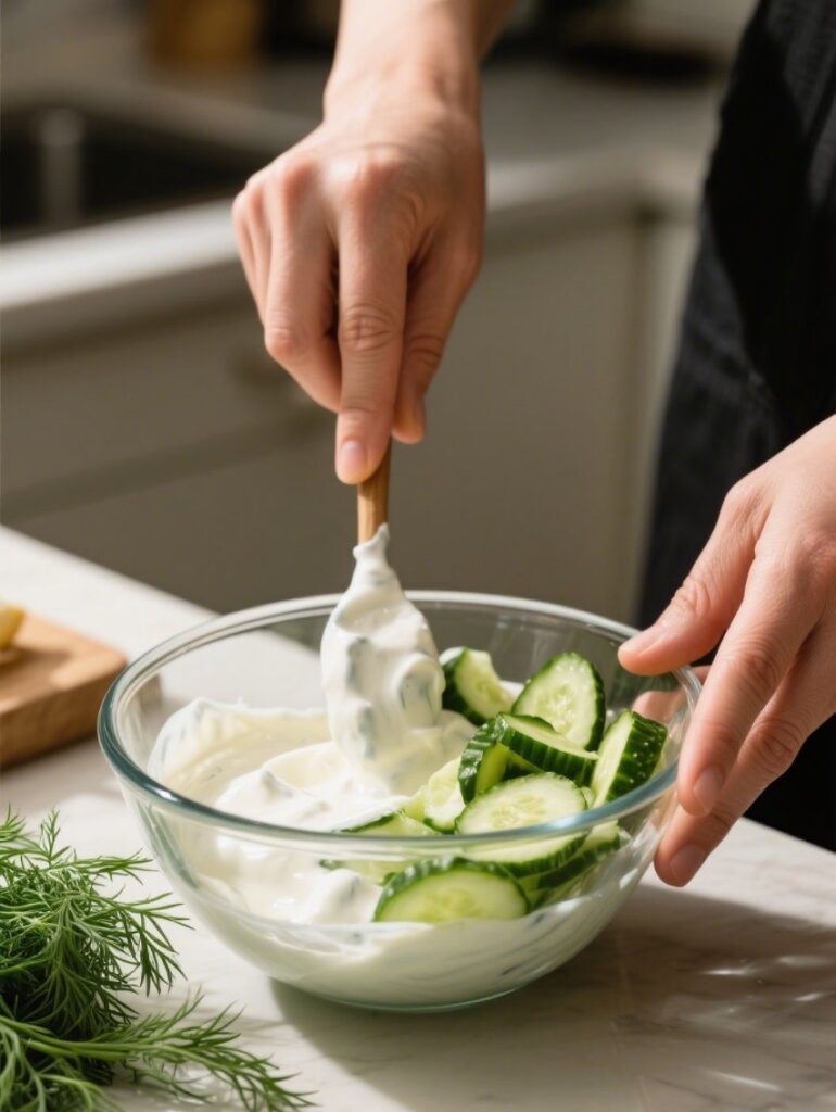 Cucumber Salad: The Ultimate Creamy Summer Side You Need to Try 6 mixing creamy cucumber salad with dill