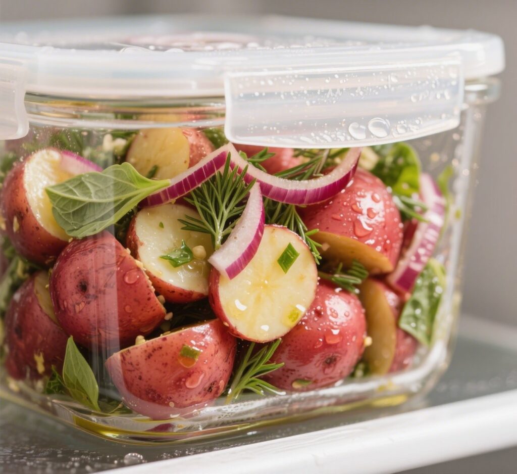 No-Mayo Potato Salad with Herbs – A Fresh, Healthy Take on a Classic 8 Storing no-mayo herb potato salad in airtight container