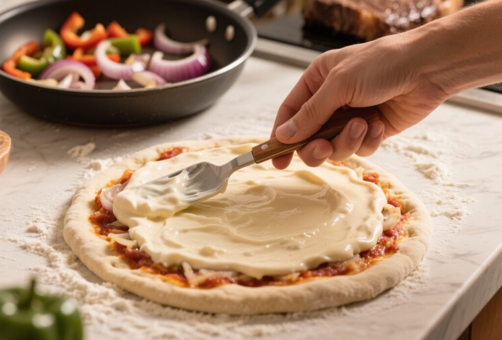 Philly Cheesesteak Pizza: A Delectable Twist on Tradition 6 Spreading creamy sauce on pizza dough for Philly Cheesesteak Pizza