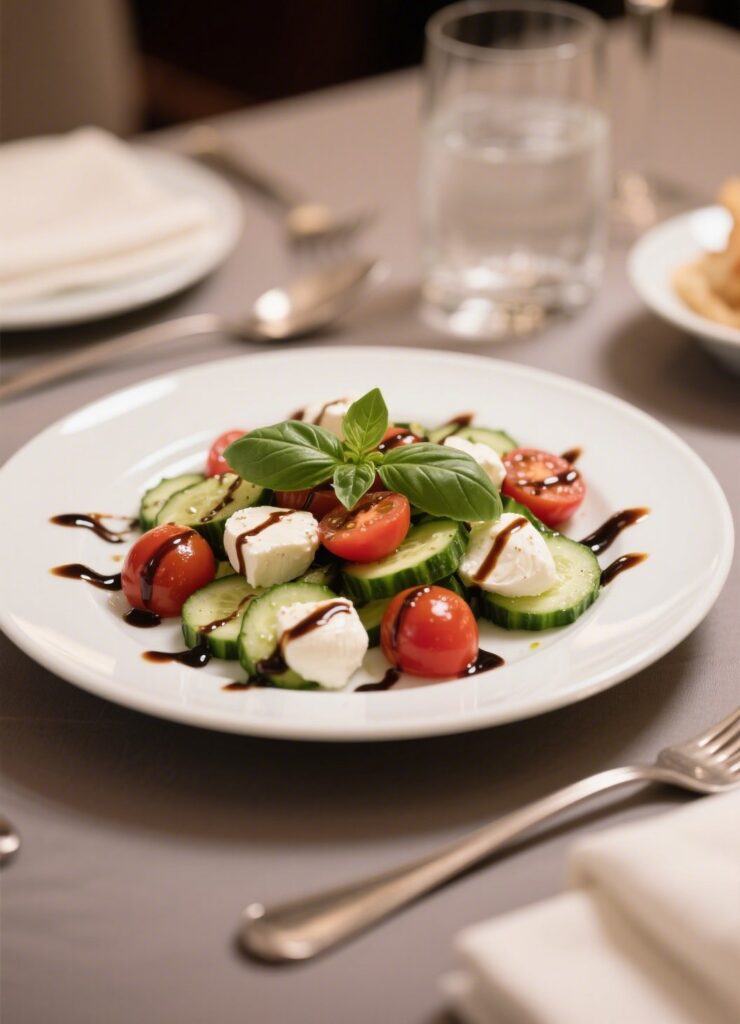 Cucumber Caprese Salad – The Best Summer Salad Twist for 2025 9 Plated cucumber Caprese salad with balsamic glaze