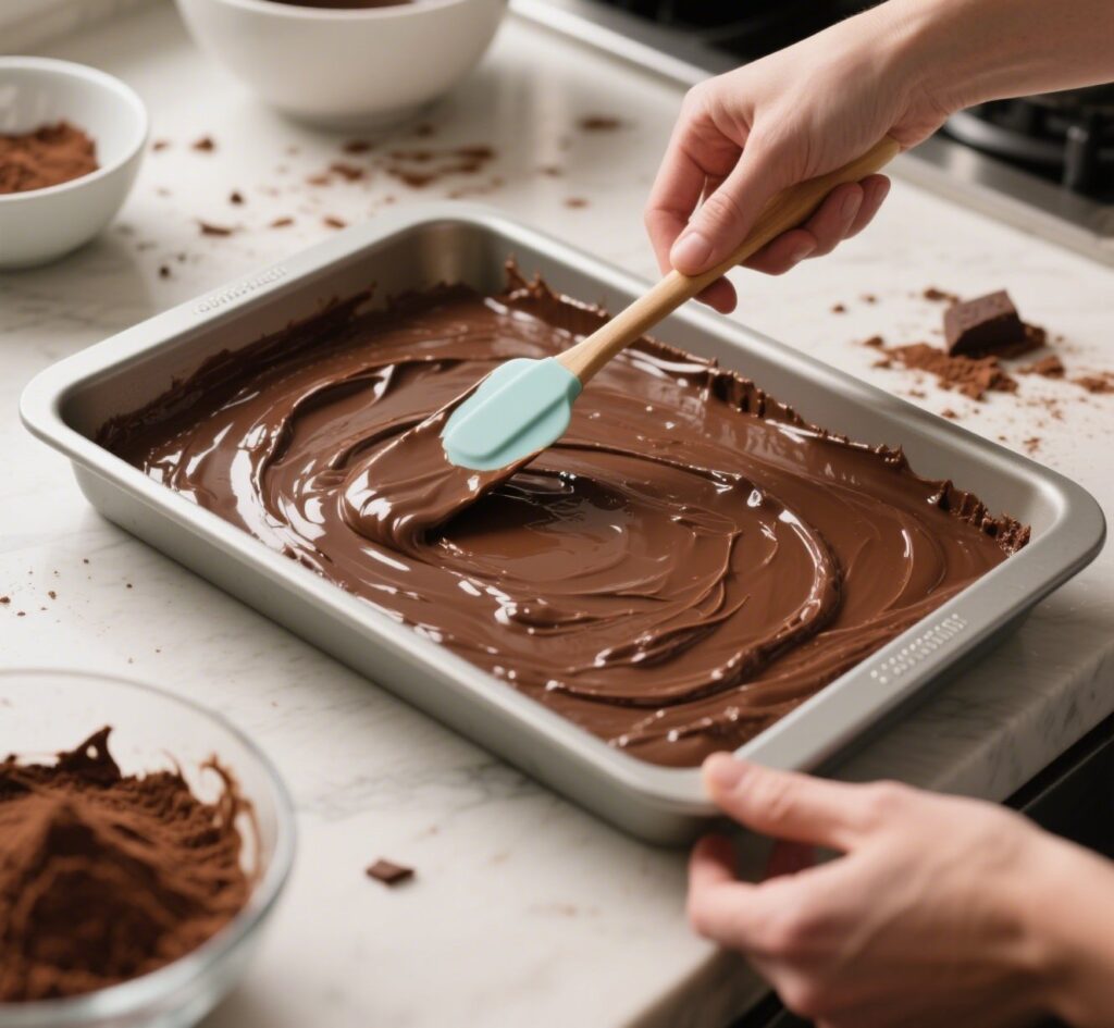 Better than Box Mix Brownie: A Chocolate Lover's Dream 8 Pouring thick brownie batter into baking pan for better-than-box mix recipe
