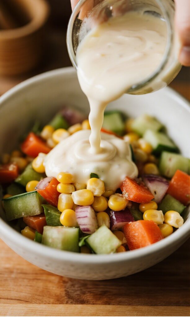 Mexican Corn Salad – The Best Creamy and Tangy Recipe for Summer (2025) 6 Mixing dressing into Mexican Corn Salad in a glass bowl