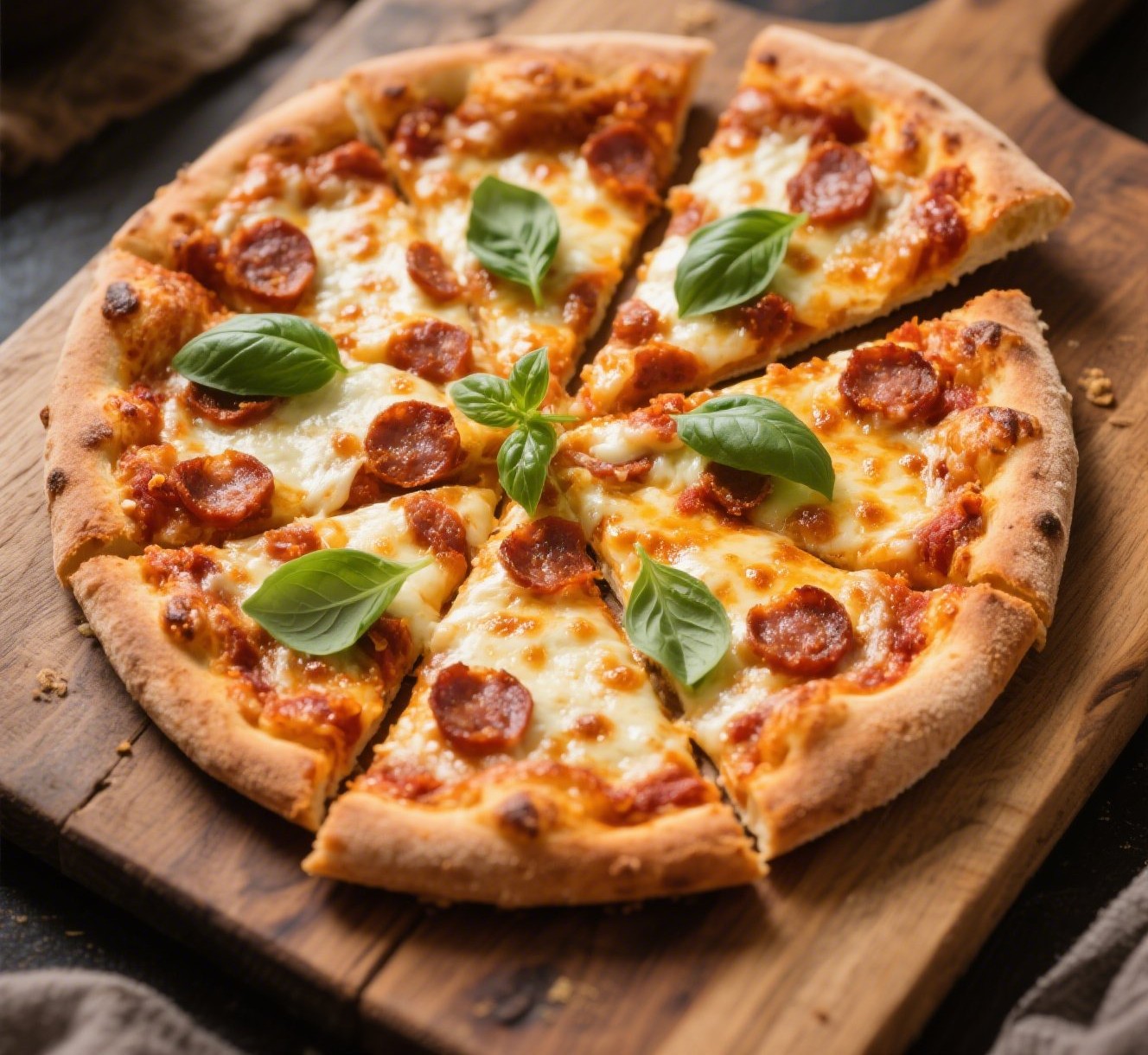 spicy chorizo pizza with bubbling cheese and fresh basil