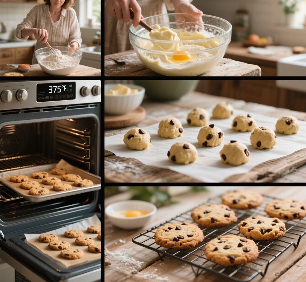 The Best Chocolate Chip Cookies – Crispy Edges, Gooey Centers 7 Step-by-step collage of making homemade chocolate chip cookies in a rustic kitchen