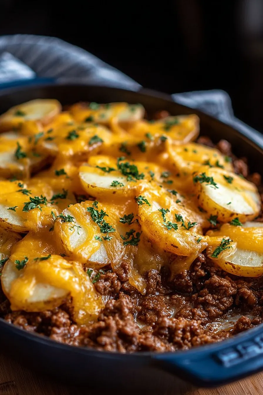 Cheesy Ground Beef and Potatoes in a Baking Dish