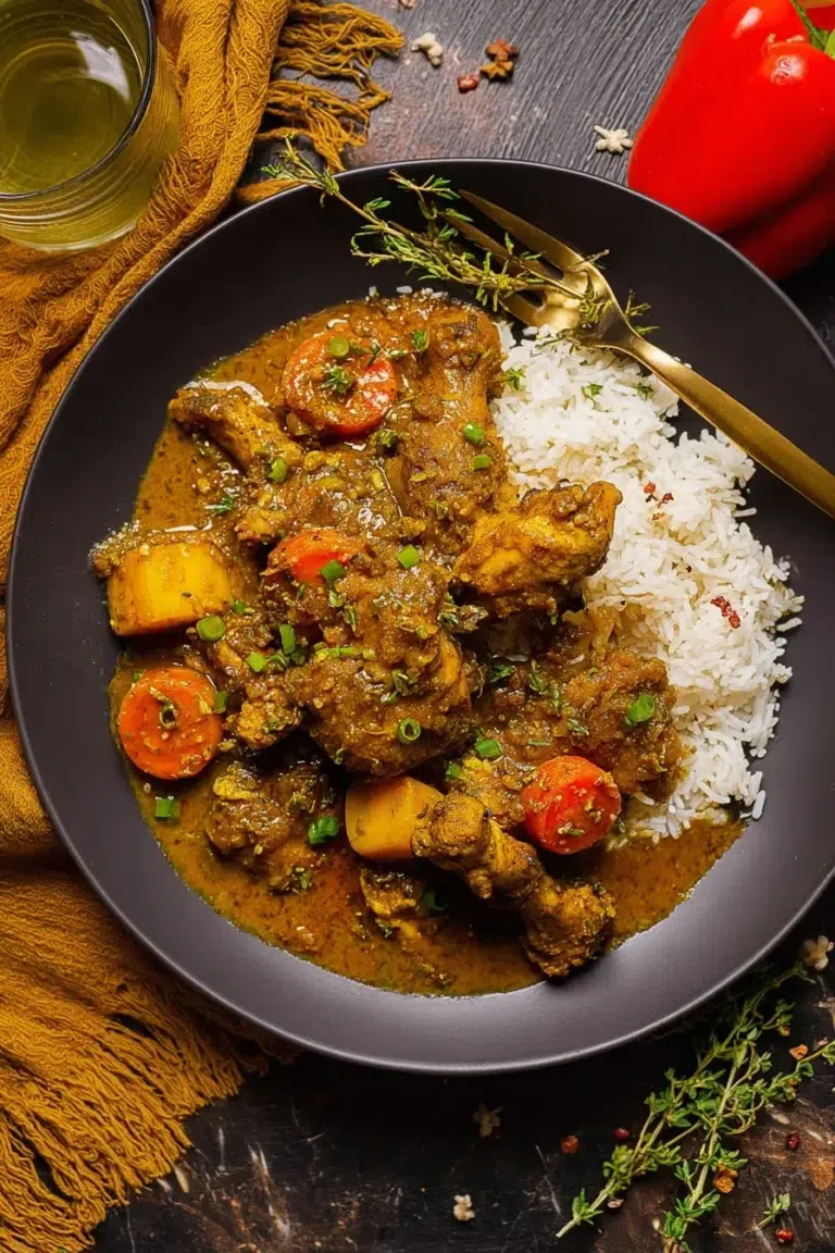 Delicious Jamaican Curry Chicken Plated with Fresh Herbs