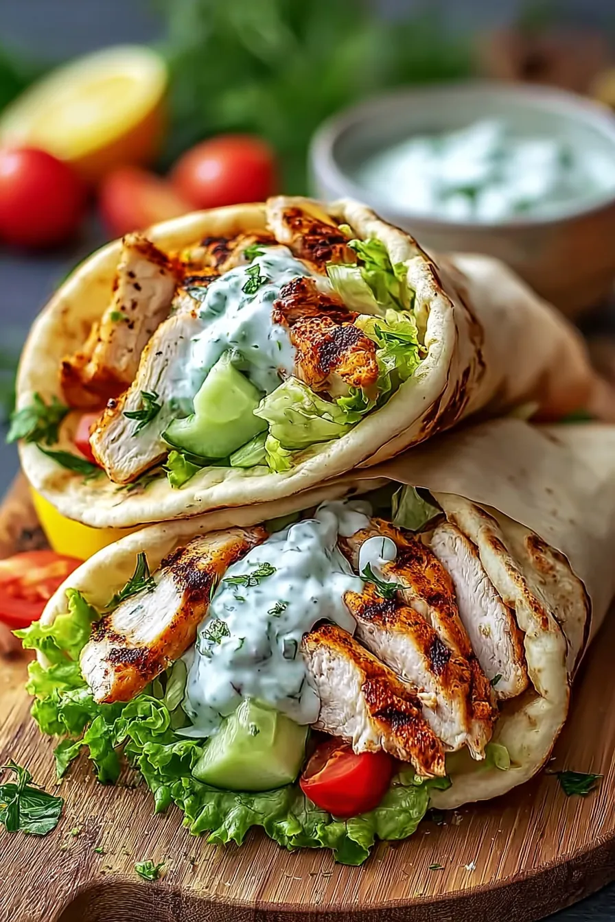 Mediterranean Chicken Gyros with Creamy Feta Tzatziki Plated