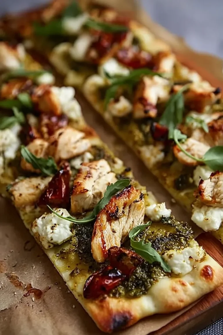 Pesto Chicken Flatbread Topped with Fresh Ingredients