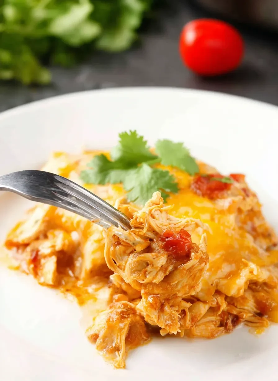 Delicious Slow Cooker Chicken Enchilada Casserole Plated