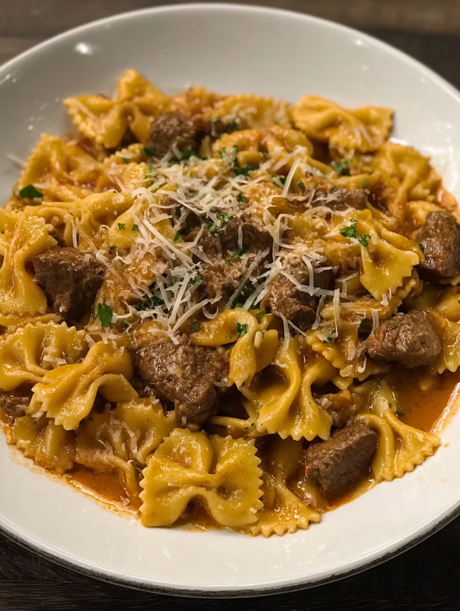 Creamy Parmesan Garlic Beef Bowtie Pasta