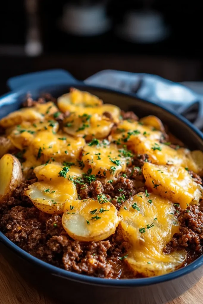 Cheesy Ground Beef and Potatoes: A Comforting Delight 4 Cheesy Ground Beef and Potatoes in a Casserole Dish