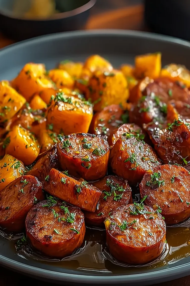 Sausage and Sweet Potatoes with Honey Garlic Sauce Plated