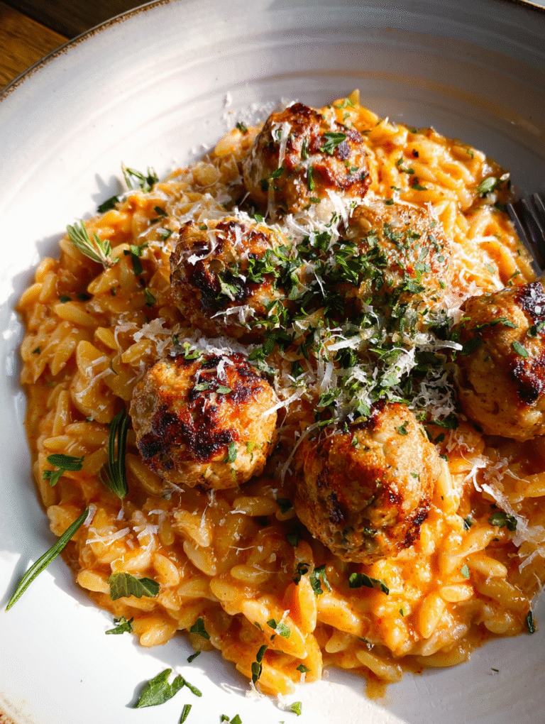 Baked Rosemary Chicken Meatballs with Tomato Orzo